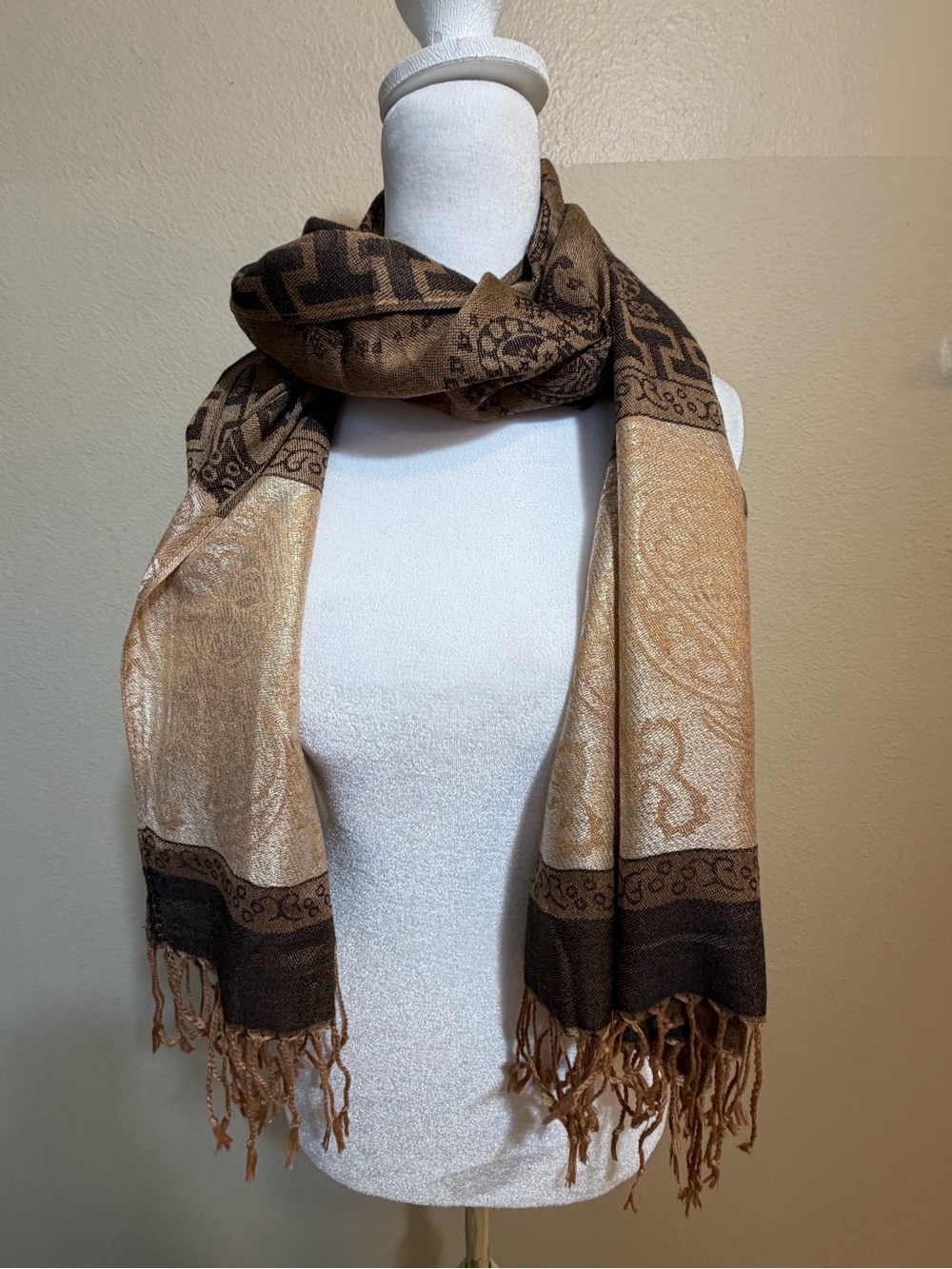 Paisley Pashmina Shawl Scarf – Brown & Beige Greek Key Wrap